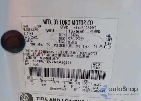 2010 Ford F-150 King Ranch z USA, uszkodzony, nr VIN 1FTFW1EV7AKA90806